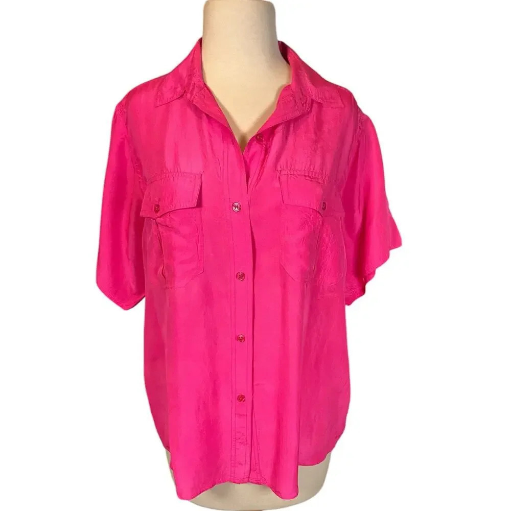 Vintage Anna & Frank 100% Silk Blouse SZ Med Barbie Pink Short Sleeve Button up